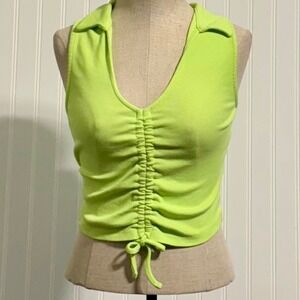 New Look Neon Lime Green Ruched Crop Top Y2K Cybercore Sleeveless Polo US 10